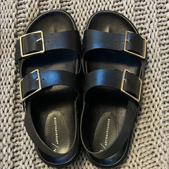 Anthropologie Black Sandals with Gold Buckles - Picture 1 of 4